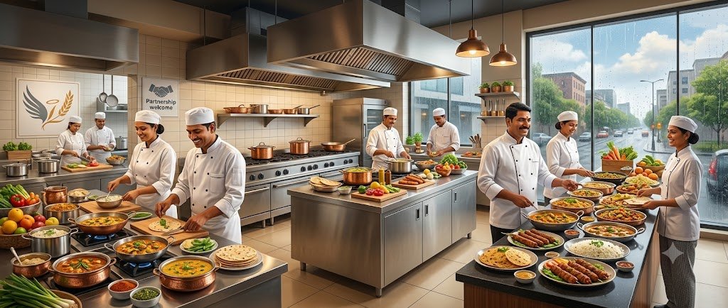 Chefs working in a modern commercial kitchen